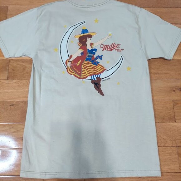 Miller High Life Girl In Moon Print Mens S Graphic T-Shirt Cream Vintage NEW - Picture 7 of 8